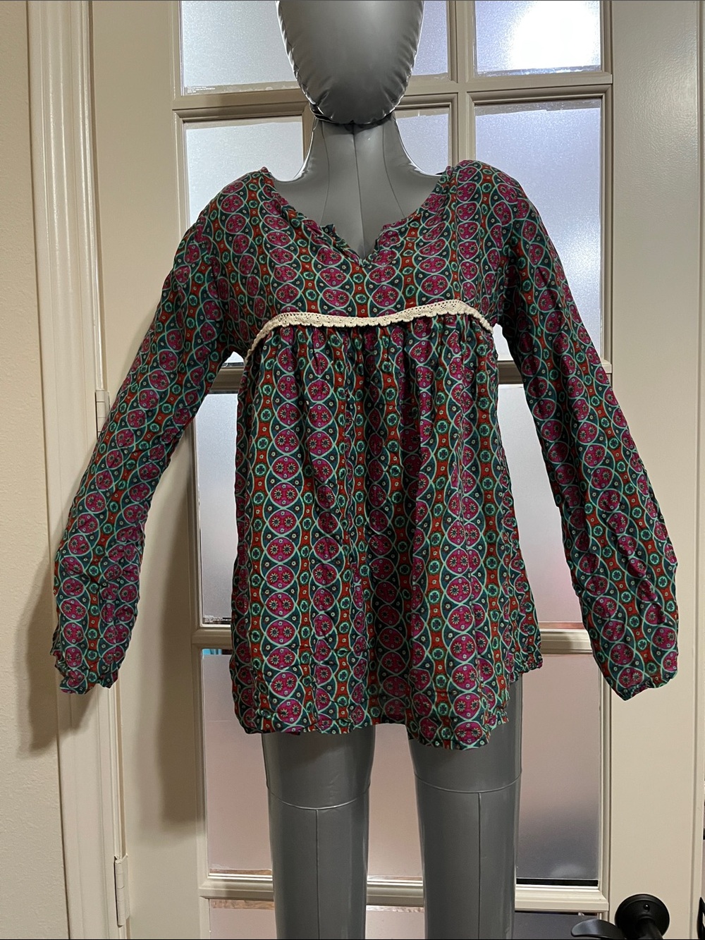Small NATURAL LIFE Pink & Green Geometric Boho Empire Tunic